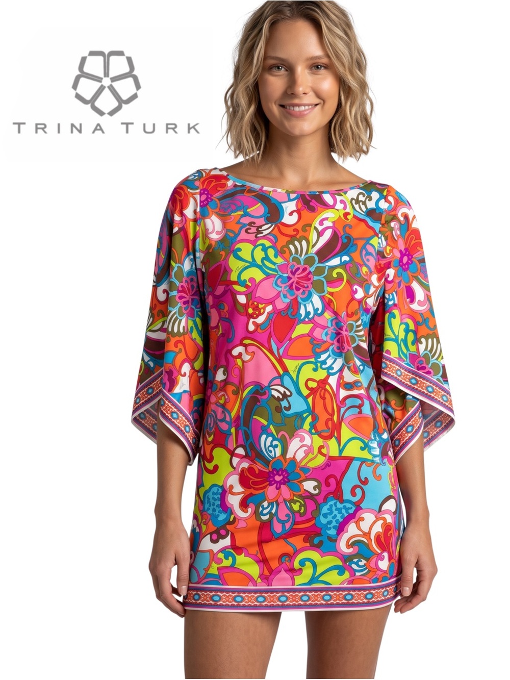 new Fiji Floral Cape-Sleeve Tunic Dress